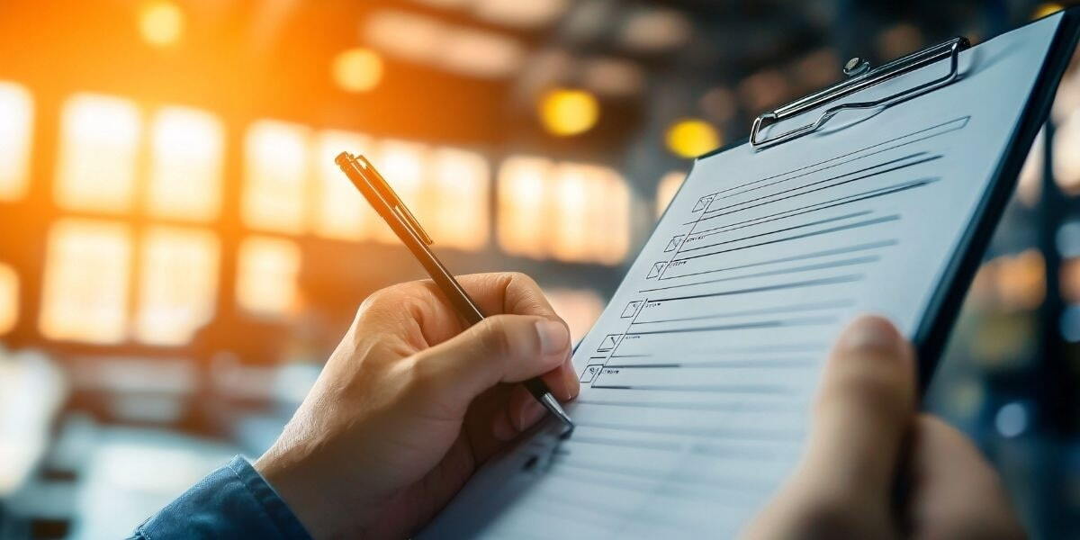 Hand holding a pen and writing on a quality assurance checklist in a chemical toll blending facility